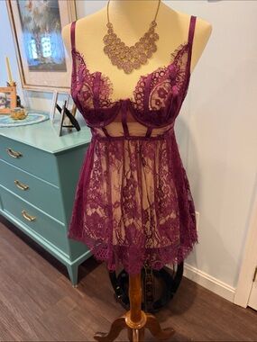 DREAMGIRL PLUM LACE BABYDOLL/ PLUM / SMALL WITH MATCHING THONG